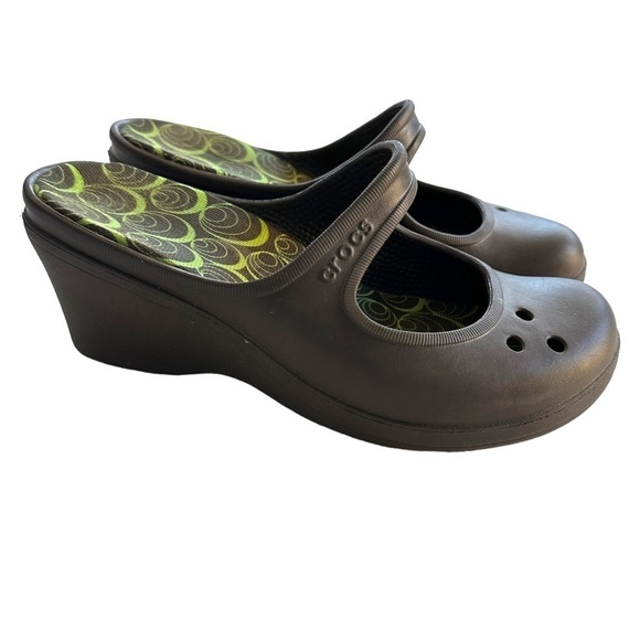 Crocs Frances Mary Janes Brown Wedge Slip On Clog Comfort Shoes 9 - Picture 1 of 9